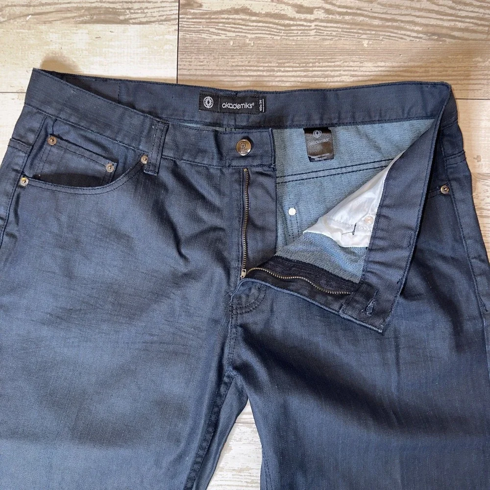 Akademiks Jeans Mens 40x34 Navy Denim Flat Front Straight Leg Hipster Black Tab